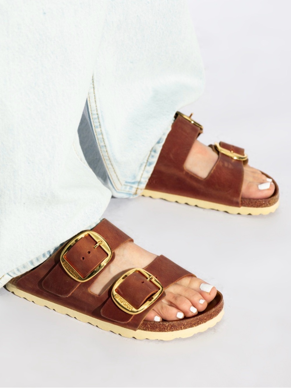 Brown Double gold Buckle Leather Slide Sandals size 38.5 /8.5